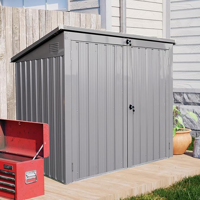 YOPTO 62" Garbage Bin Shed Stores 2 Trash Cans Metal Outdoor Storage,Stainless Galvanized Steel House with Sloped Roof & Lockable Door,Waterproof Cabinet Shelter for Patio,Lawn,Gray