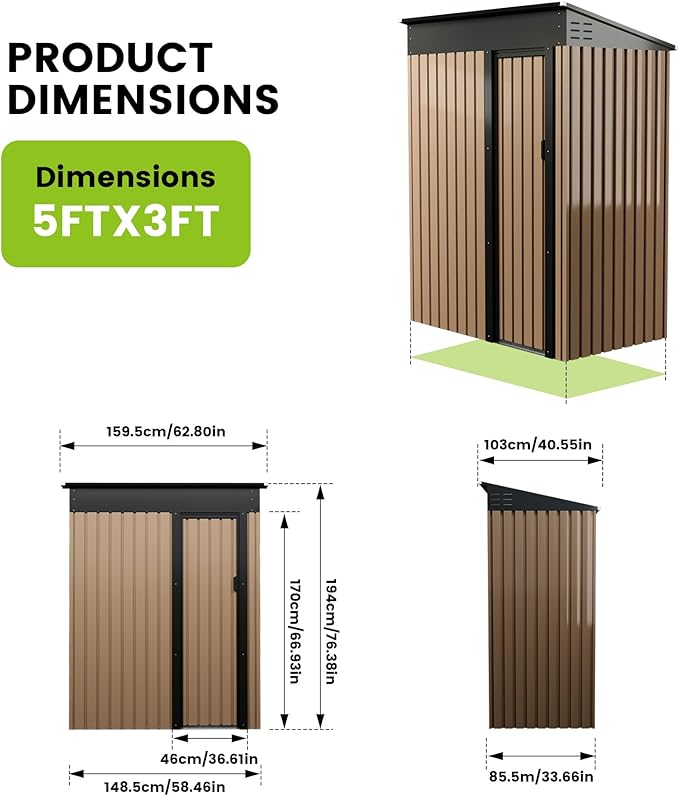 CuisinSmart Large Metal Storage Shed, 5 x 3 FT Outdoor Storage Shed, Metal Garden Tool Shed with Roof, Door & Lock, Waterproof and Anti-UV, for Patio Garden Yard, Brown