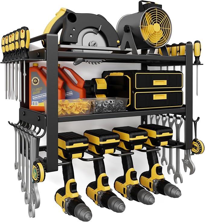 Jusgym Power Tool Organizer Wall Mount |150lbs Garage Tool Storage Rack with 4 Cordless Drill Holder |3-Tier Heavy Duty Garage Organization |Gifts for Men
