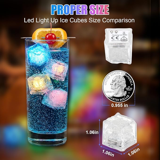 24 Pack Light Up Ice Cubes for Drinks, Multi Color Led Ice Cubes, IP67 Waterproof Reusable, Glowing Flashing Changing Lights, Water Activated Drink Lights for Cocktails Club Party Bar Wedding Decor