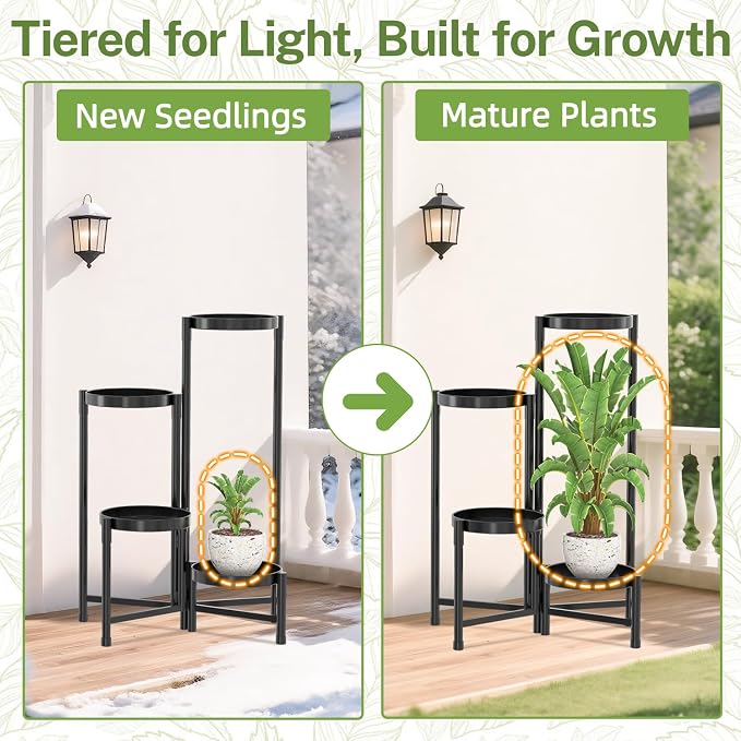 iDavosic.ly Plant Stand Indoor Outdoor, 4 Tier Corner Metal Flower Display Holder Shelf, Folding Tall Orchid Rack for Patio Balcony Porch Garden Living Room House, Black