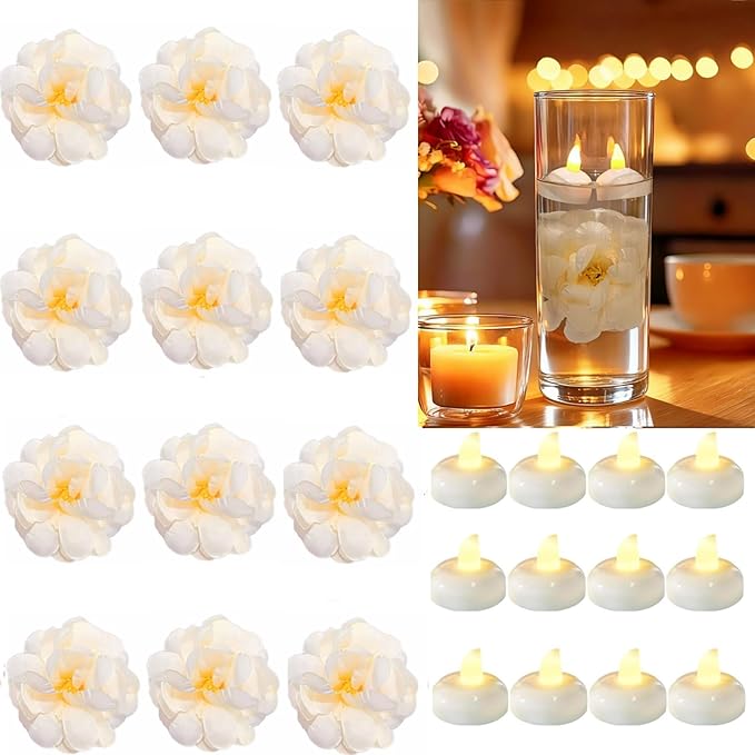 24 Pack Flameless Floating Candles and Floating Artificial Flower Led Battery Operated Waterproof Tea Lights for Vases Centerpieces at Wedding, Party, Pool Decor Champagne