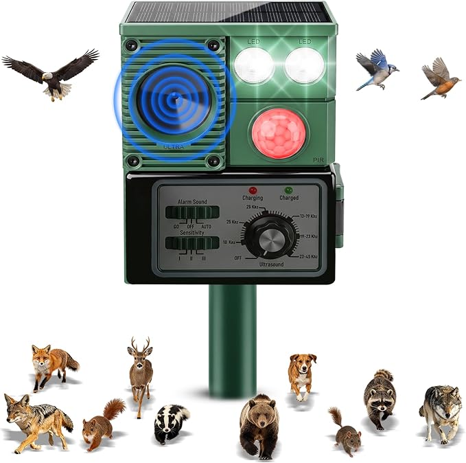 Solar Ultrasonic Animal Repellent Outdoor, 2026 Upgraded Cat Repellent with PIR Sensor & Flashing Light, Deer Repellent Devices Cat Raccoon Squirrel Rabbit Skunk Deterrent for Patio Garden