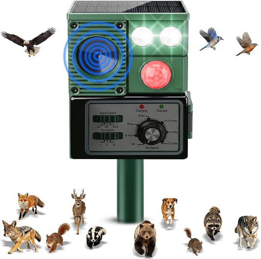 Solar Ultrasonic Animal Repellent Outdoor, 2026 Upgraded Cat Repellent with PIR Sensor & Flashing Light, Deer Repellent Devices Cat Raccoon Squirrel Rabbit Skunk Deterrent for Patio Garden
