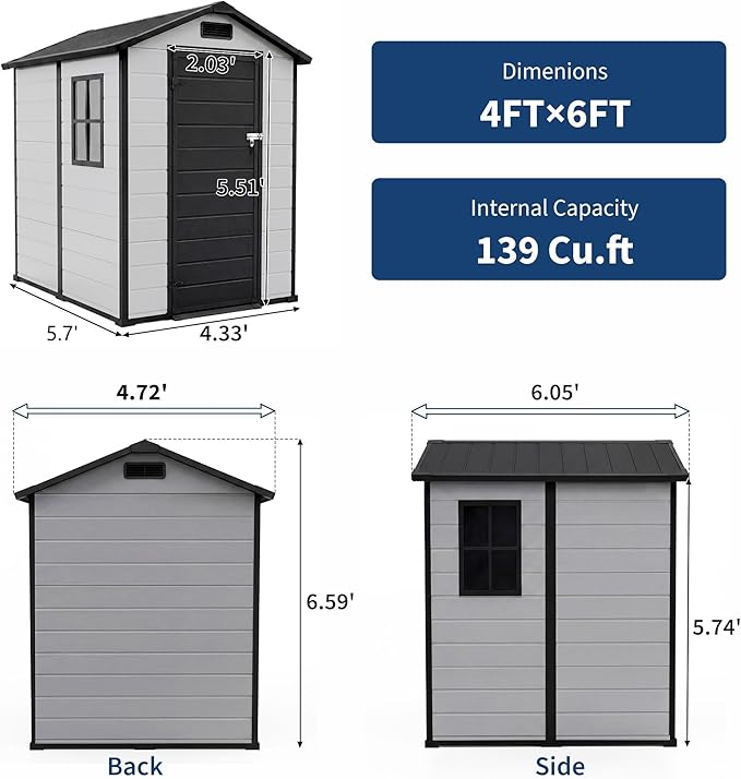 4x6 ft Outdoor Storage Shed with Floor, Plastic Resin Garden Shed with Window & Lockable Door, Tool Shed for Patio, Backyard, Lawn Mower, Bike Storage