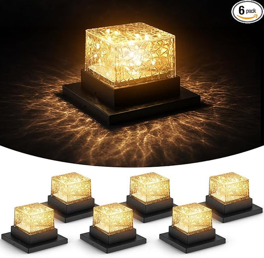 6Pack Crack Pattern Solar Post Cap Lights, DIY Firefly String Light Fence Post Solar Lights, 4x4 5x5 6x6 Vinyl/Wood Deck Post Cap Light, Built-in Solar Panel, Steady&Flickering Outdoor Patio Decor