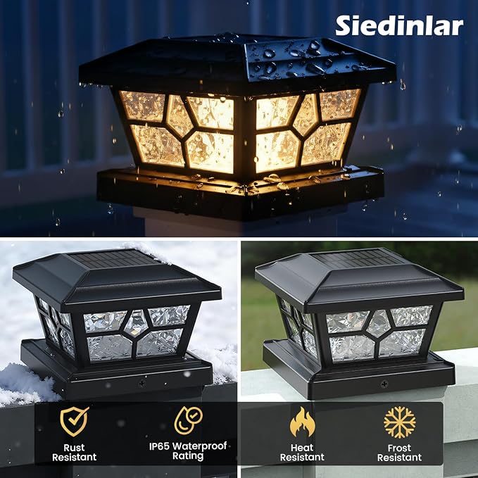 SIEDiNLAR Solar Post Lights Outdoor 2 Pack 4 Modes 40 LEDs Deck Fence Post Cap Light for 4x4 5x5 6x6 Wooden/Vinyl Posts Patio Decor, Warm/White Dynamic Lighting (Black)