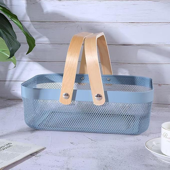 AJIODA Metal Mesh Steel Basket, Storage Organizer Baskets Garden Harvest Basket Multi-functional Kitchen Fruit Baskets Bin with Wooden Handle for Bathroom Picnic Shopping Decor Cabinet Home, Blue