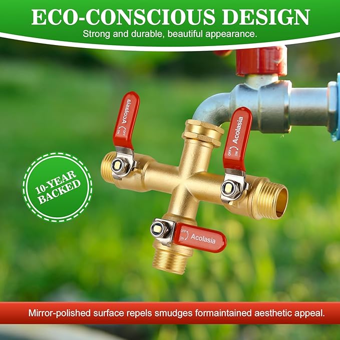 Hose Splitter 3 Way Heavy Duty Brass Garden Hose Splitter with 304 Stainless Steel Long Handle Outdoor Full Flow Hose Splitter Connector, 3/4" GHT Thread