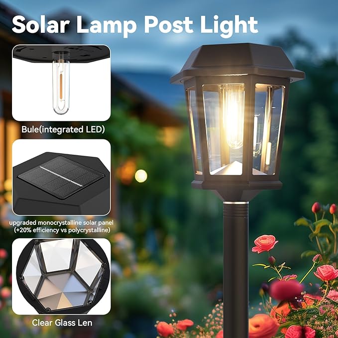 2 Pack Solar Lamp Post Lights Outdoor, 63" Solar Pole Lights for Outside,3000K Warm White Dusk to Dawn Waterproof Floor Lamps for Patio, Yard, Pathway, Driveway