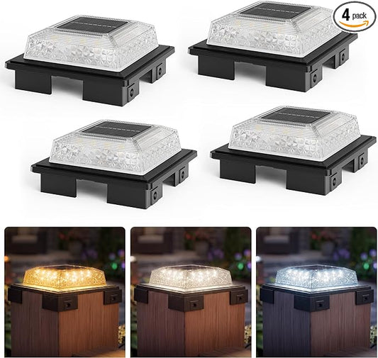 APONUO Solar Post Cap Lights, 3 Color Modes & 2 Brightness, Adjustable Base Fits 4x4 5x5 6x6 Posts (3.5-5.5 Inch), IP65 Waterproof, Deck & Fence Post Lights Solar Powered with Screws, Black, 4 Pack