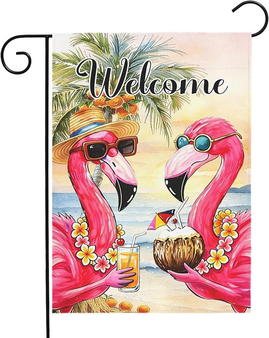 Welcome Garden Flag Flamingo Tropical Beach Scene Yard Flags Summer Coastal Island Double Sided Polyester Pink Flamingo House Banner for Lawn Pool Palm Tree Seaside Home Decor 12 x18 Inch