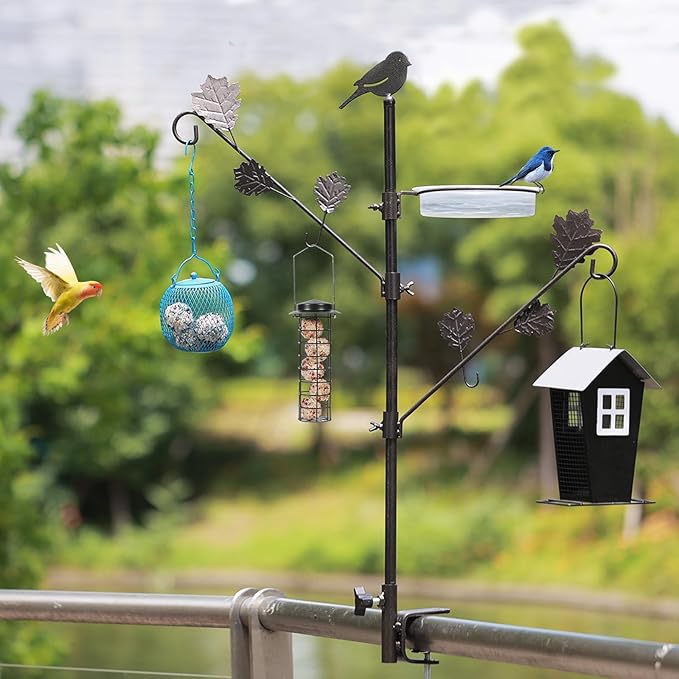 ERYTLLY Deck Bird Feeder Station Kit, Wild Bird Feeding Station for Outside Hanging Plants Holder Deck Pole Porch Multi-Hook Bird Feeder with Water Bowl for Attracting Birds