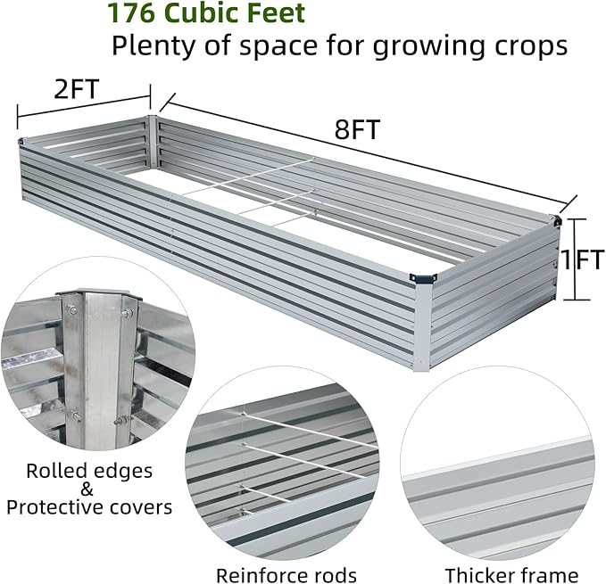 Meberam 2 Pack 8x2x1FT Galvanized Raised Garden Bed Kit, Outdoor Metal Planter Box for Vegetables, Bottomless Rectangular Gardening Bed with Support Rods, Tool-Free Assembly, Silver