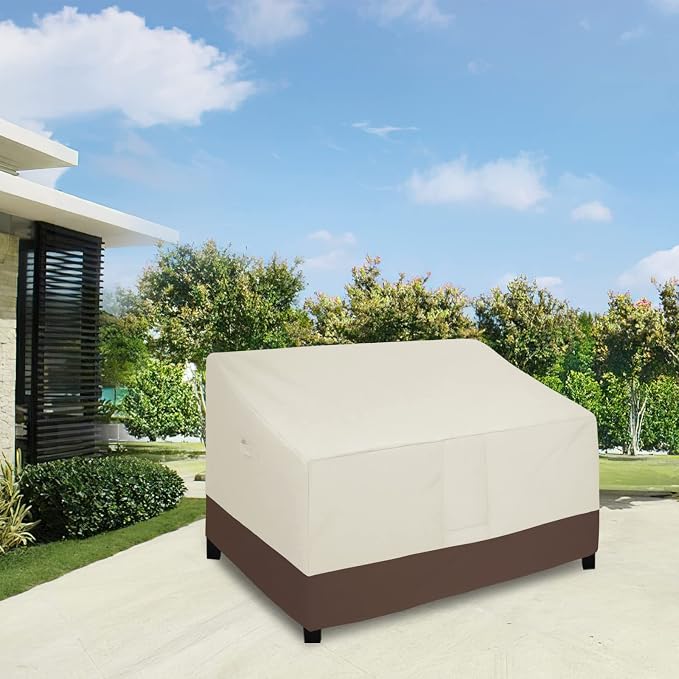 Easy-Going Waterproof Outdoor Couch Cover, Heavy Duty 3-Seater Patio Sofa Cover, Winchdproof Outdoor Furniture Cover with Air Vent (80Wx37Dx33H inch, Beige/Dark Brown)