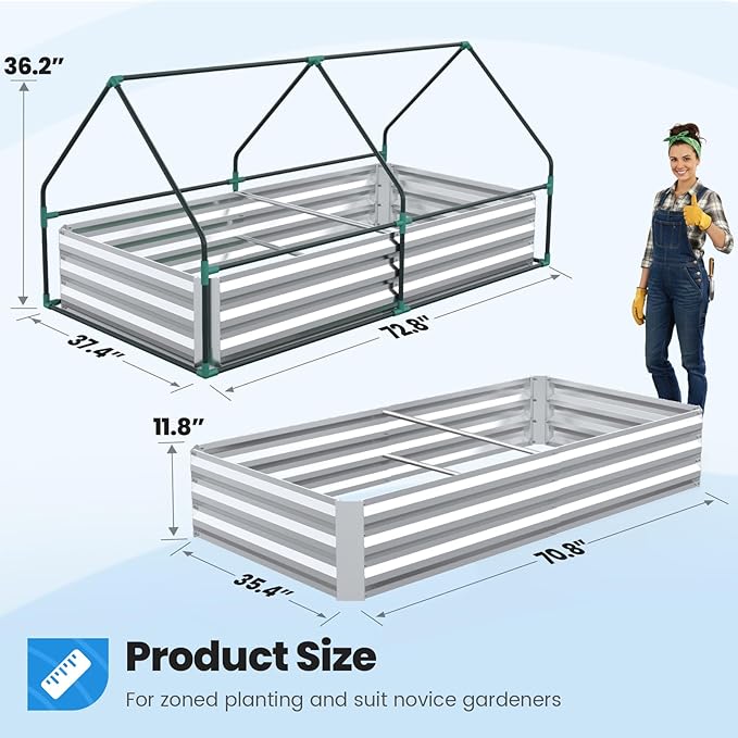 Quictent Raised Garden Bed with Cover Outdoor Galvanized Metal Planter Box Kit, w/ 2 Large Screen Windows Mini Greenhouse 20pcs T Tags 1 Pair of Gloves Included for Growing Vegetables 6x3x1ft (Clear)