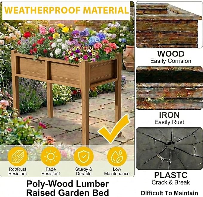 DWVO Raised Planter Box with Legs Raised Garden Bed HDPE Poly Wood Weather-Resistant Elevated Garden Bed with Drainage System Planter Boxes Outdoor for Herbs Vegetables Flowers, Teak