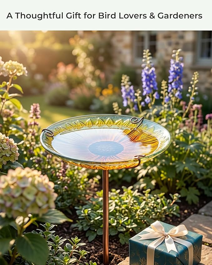 10.5" D Glass Bird Bath with Stake – Shallow Bird Bath for Outside Garden Backyard – Decorative Birdbath & Feeder for Patio Lawn – Hand-Painted Glass Water Dish, Sunflower