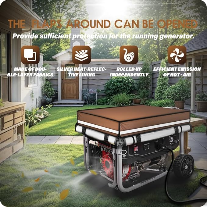 Running Generator Cover. 32"L×24"W×24"H Generator Cover, Top Can Be Opened for Refueling, 900D+210D Heavy Duty Waterproof, PVC Transparent Visual Operation Window, Coffee