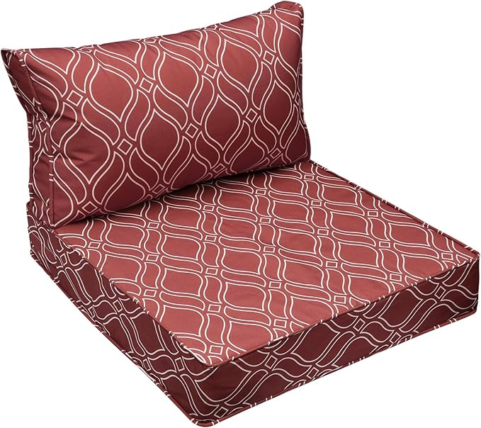 AAAAAcessories Outdoor Seat Cushions for Chairs, Fade-Resistant, Waterproof Patio Furniture Replacement Cushions, 25.5" x 25.5" x 5" + 25.5" x 13.5", Clay Red Vine Trellis