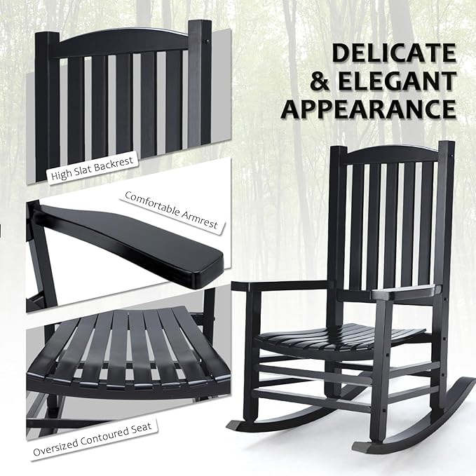 Hupmad Wooden Rocking Chair Outdoor Oversized Porch Rocker Chair,Patio Wooden Rocker with High Back and Armrest,All Weather Rocker Slatted for Backyard,Garden,400 lbs Support,Black