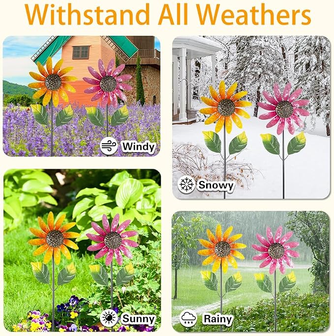 Viveta 2 Pack Sunflower Wind Spinners, Metal Wind Sculptures & Pinwheels for Garden, Kinetic Windmill for Yard Lawn Patio Decor