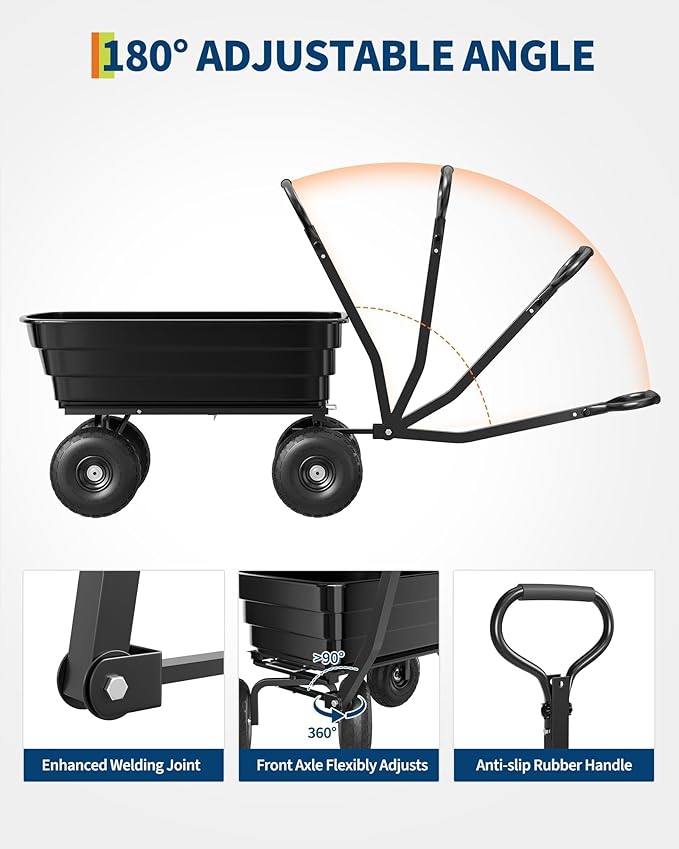 Heavy Duty Gorilla Cart-Style Dump Utility Wagon, 1200lb Poly Wheelbarrow with 13" All-Terrain Tires, Quick-Release Yard Garden Cart on Wheels for Landscaping, Lawn Tractor Tow, 4 cu.ft