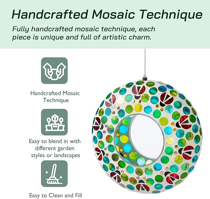Glitzhome 8''D Mosaic Hanging Bird Feeder, Wild Bird Feeder with Blue/Green Dots & Ladybugs, Fly Through Bird Feeder for Outdoors Garden Yard Patio Deck Porch Decor