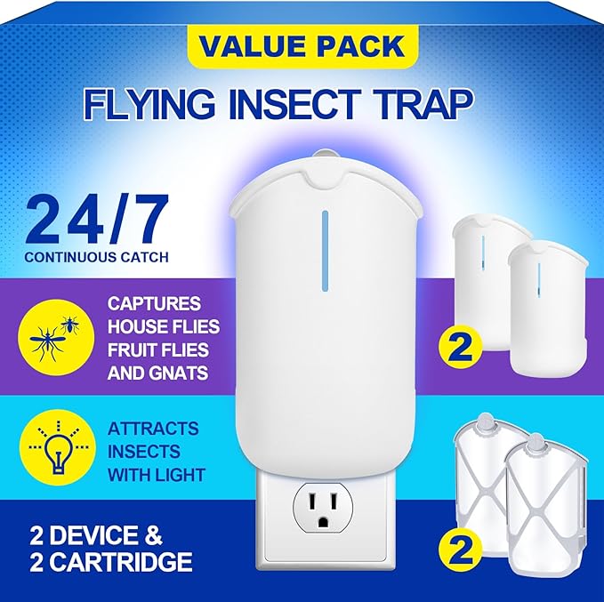2 Flying Insect Traps & 2 Cartridges - Compatible with Refill - Plug in Fruit Fly Trap for Indoor - Bug Catcher for Gnats, House & Fruit Flies - Use in Any Room (2 Device & 2 Cartridges)