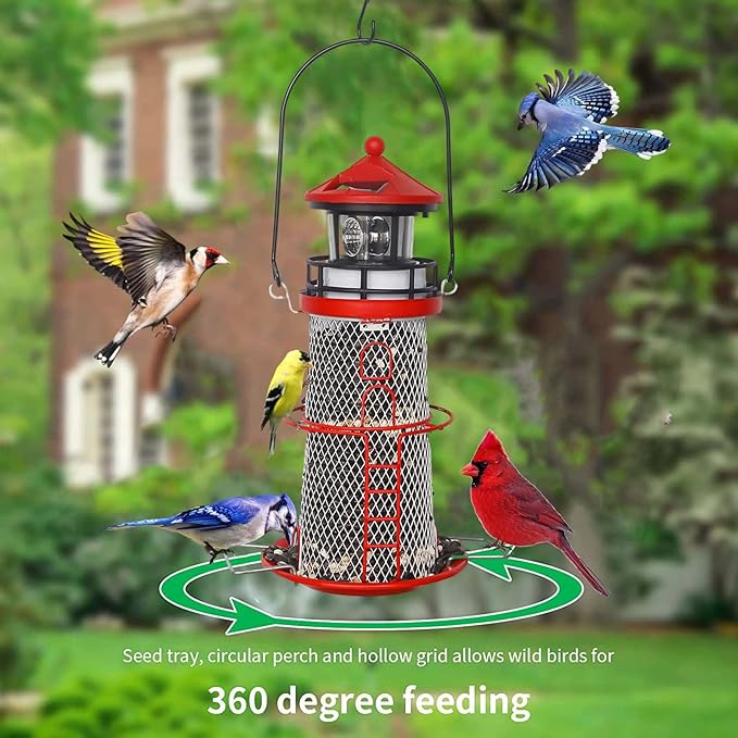 Solar Lighthouse Bird Feeder with Rotating Beacon - 14" Hanging Best Birdfeeder Gifts for Bird Lovers(Apple Red).
