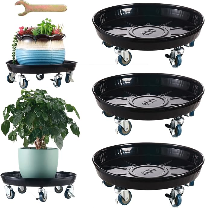 Planterhoma 3 Packs 20" Metal Plant Caddy with Wheels Extra-Large Rolling Plant Stand Heavy-Duty Plant Dolly with Casters Indoor Outdoor Wheeled Flower Pot Mover Rollers Garden Cart Trolley, Black