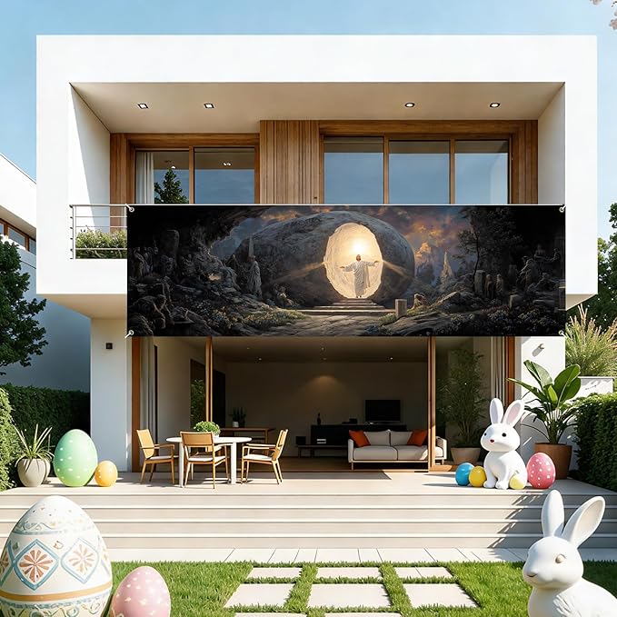 Christian Easter Resurrection Fence Banner 118 x 35 Inch, Large Waterproof Outdoor Religious Banner with Empty Tomb Scene for Yard Church Fence Decorations
