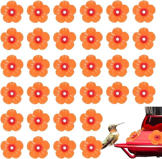 M METERXITY 32-Pack Hummingbird Feeder Replacement Flowers, Plastic Pet Hummingbird Feeding Parts Feeding Ports for Outdoor Hanging Feeders, Bees Guards [Orange]