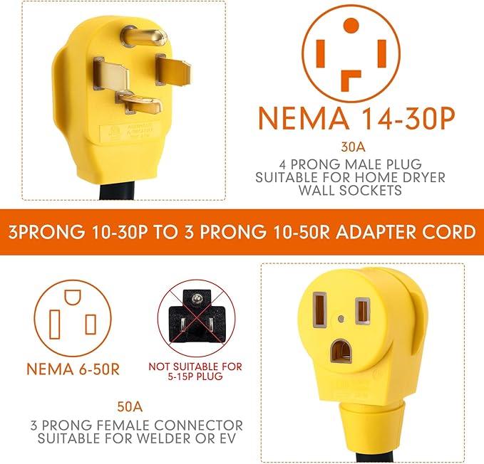 Kanayu 1ft 14-30P to 6-50R Welder Adapter Cord Dryer Adapter 4 Prong to 3 Prong Compatible with NEMA, EV Charger Power Cord, 30amp Male Plug to 50amp Female Receptacle, STW 10AWG*3C, ETL Listed
