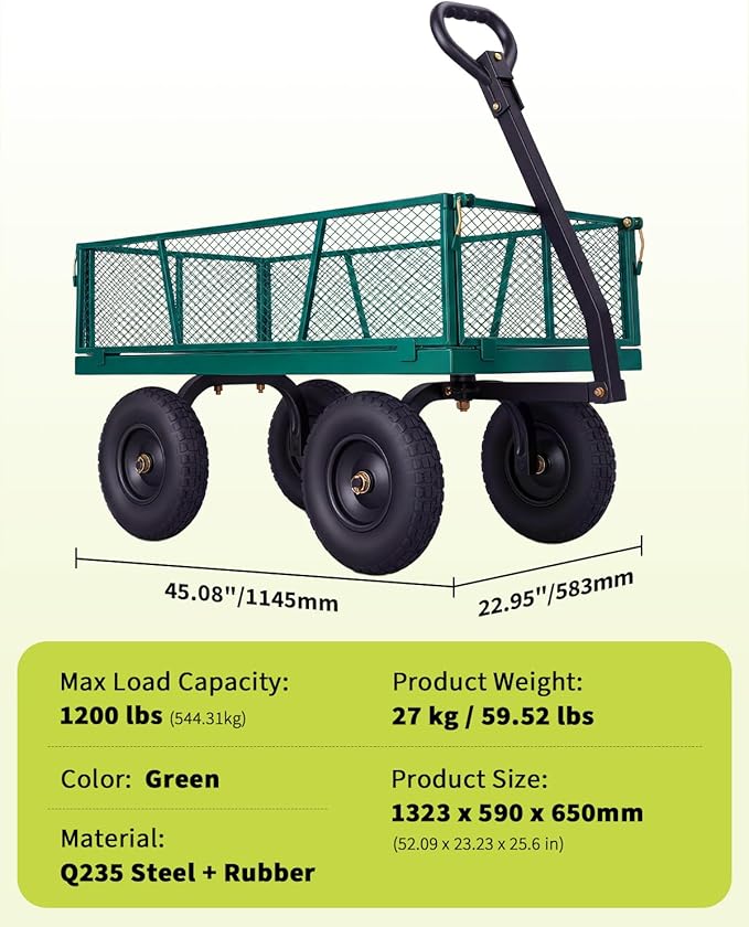 Garvee Versatile Outdoor Utility Cart-1200LBS Heavy-Duty, 13" All-Terrain Pneumatic Tires, Vehicle-Connectable, Easy Maneuverable Lawn Cart with Removable Mesh Panels for Gardening & Landscaping,Green
