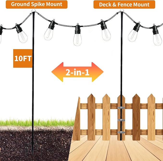 4 Pack 10FT String Light Poles for Outside, Heavy Duty Metal Poles with Fork Base & Hooks, Rustproof Poles for Hanging Lights on Patio, Deck, Backyard, Garden, Wedding, Party