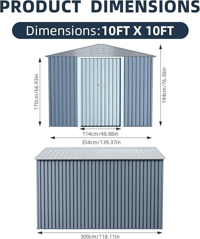 GarveeLife Large Outdoor Metal Storage Shed, 10x10 ft Metal Shed with Lockable Doors, Large Garden Tool Shed with Sturdy Frame Structure, for Backyard, Patio, Lawn, Grey