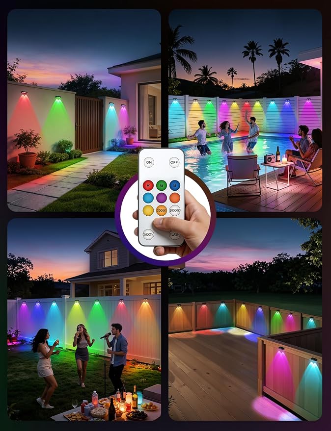 Solar Fence Lights Outdoor with Remote, 8 Pack 9 Colors & 11 Lighting Modes Fence Lights Solar Powered Waterproof IP65 Color Changing Solar Lights for Fence Garden Yard Patio Deck Step Wall