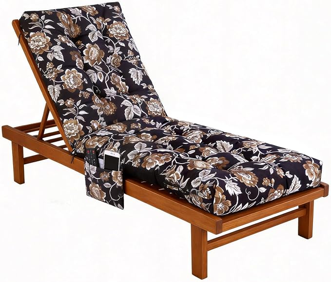 Patio Chaise Lounge Cushions, 68"x21"x4.5" Waterproof Replacement Beach Pool Lawn Outdoor Lounge Chair Cushion with Pocket, Non-Slip Bottom & Secure Ties for Outdoor Furniture, Flower Black