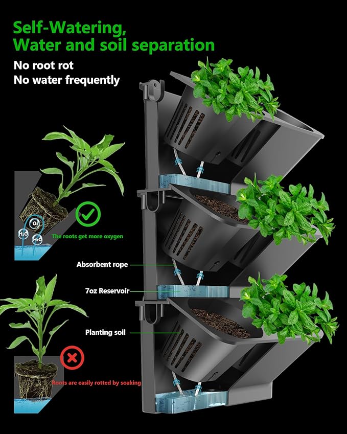 Wall Planters for Indoor Plants with Grow Light & Self Watering System, 6-Pot Vertical Garden for Herbs, Vegetables, Flowers, Succulents, Includes Screws & Expansion Pipes