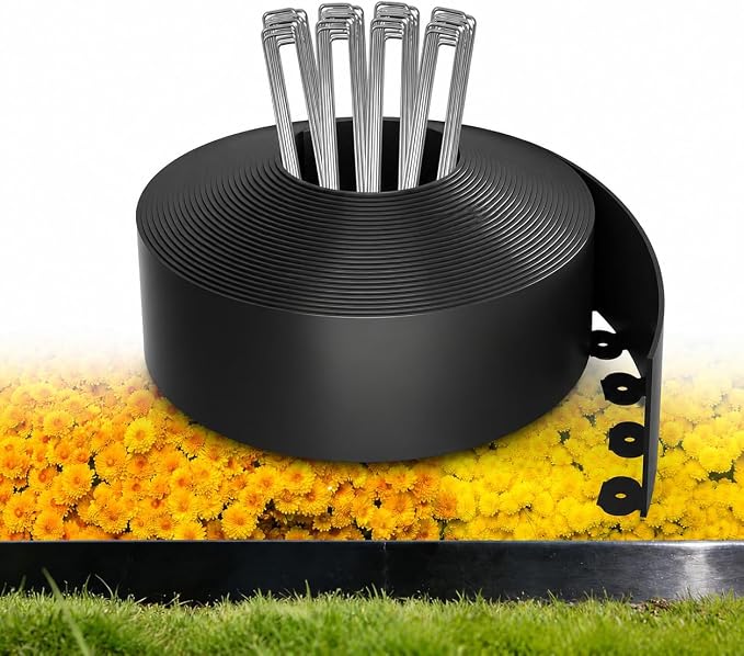 MIXC Garden Edging Border, 100FT 4 Inch Tall Plastic Landscape Edging with 150 U-Shaped Metal Stakes, More Stable and Flexible Tool-Free Lawn Border for Yard, Flower Bed & Landscaping