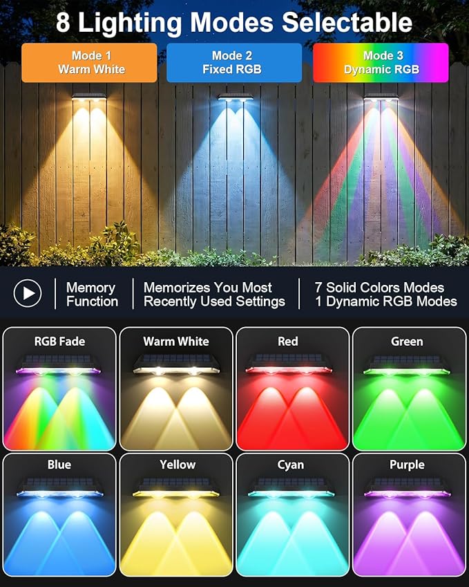 Solar Fence Lights Outdoor, 12 Pack Warm White & RGB 8 Colors Fence Lights Solar Powered Ultra-Bright LED Lens Waterproof Outdoor Solar Lights for Fence, Backyard, Railing, Patio, Wall, Step, Deck