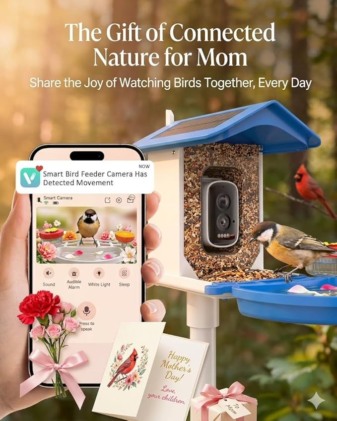 isYoung Smart Bird Feeder with Camera 2.5K QHD, AI Identify 16000+ Birds, Auto-Capture & Motion Detection, IP65 Waterproof, 5W Solar Panel, 140° Field of View, Bird Watching Gift