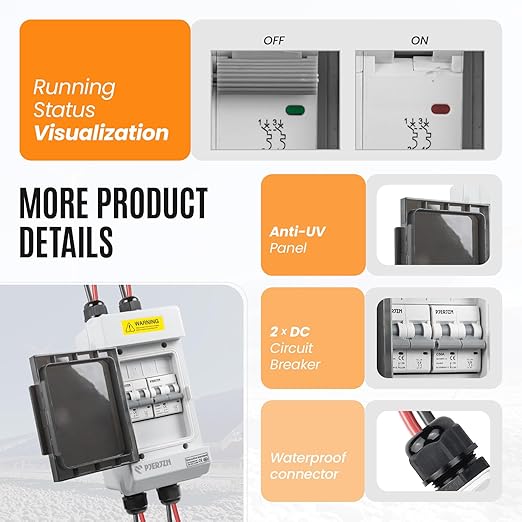 Solar Panels Disconnect Switch 50A 1000VDC PV Shut Off Switch 2 String Circuit Breaker Box IP66 Waterproof UV-Proof