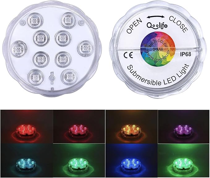 Qoolife Submersible LED Lights Remote Control, RGB Multi Color Changing Waterproof Light for Pool, Vase Base, Spa, Aquarium, Pond, Hot Tub, Decoration, Party, 4-Pack