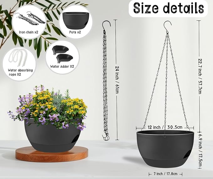 12" Self Watering Hanging Planters with Chains, Black, 2 Pack | 43 Oz removable self-watering reservoir, for indoor/outdoor plants, patio & garden