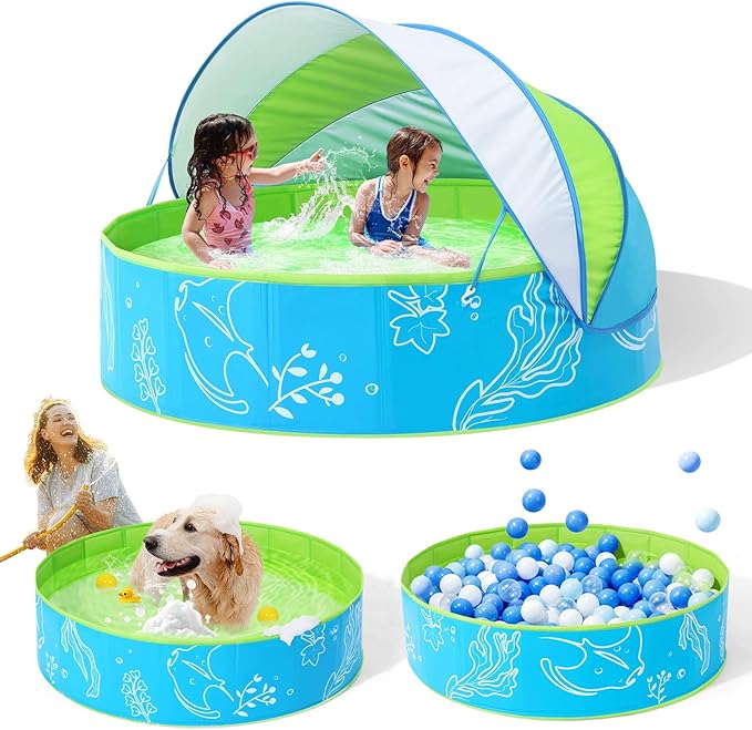 Hikiddy Foldable Kiddie Pool with Canopy: 31.5in/ 47in /63in for Baby Toddler Kids Family - Summer Water Play Pool with Shade - Portable for Outdoor Backyard Beach (Blue-Green, 47in)