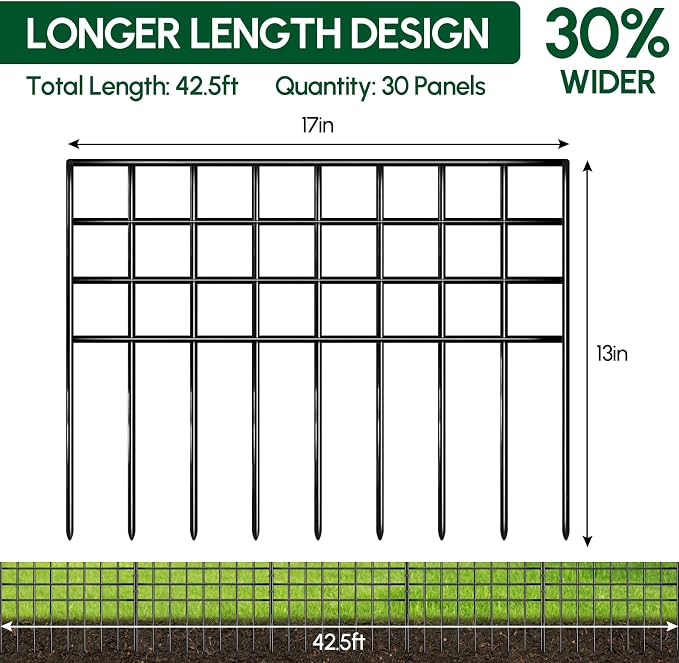 42.5ft(L) x 13in(H) Garden Fence Animal Barrier, 30 Panels No Dig Fence Panels for Dog Rabbit, Rustproof Metal Dig Defence Fencing Bottom Barrier, Anti Digging Garden Edging Border for Outdoor, Yard