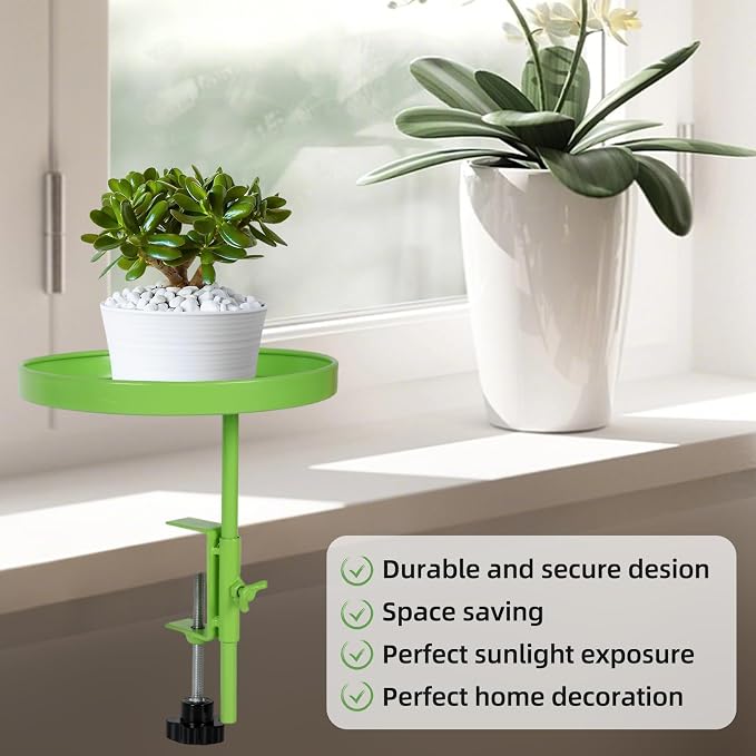 AQQHSAIN 2 Pcs Windowsill Clamp Tray Adjustable Metal Window Plant Shelves Stand Holder 7.9inch Window Planter Floating Shelves Windowsill Extension Tray for Indoor Plants Home Display Decor (Green)