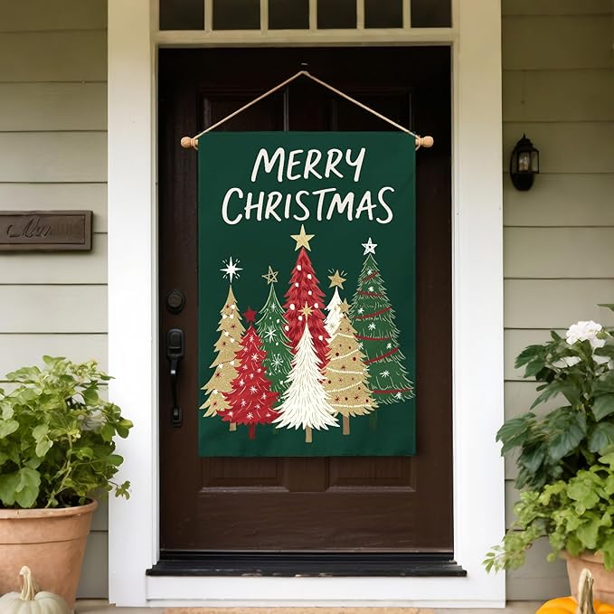 Merry Christmas House Flag 28x40 Inch Forest Green Xmas Tree Holiday Winter Decorative Garden Flags for Outside Double Sided Seasonal Outdoor Home Farmhouse Decoration Porch Yard New Year Decor